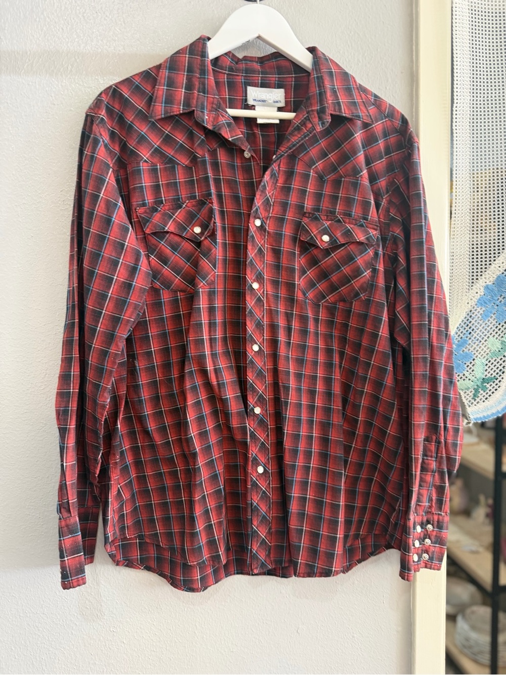 Wrangler Red and Black Plaid Button-Down Western Shirt - Men's
